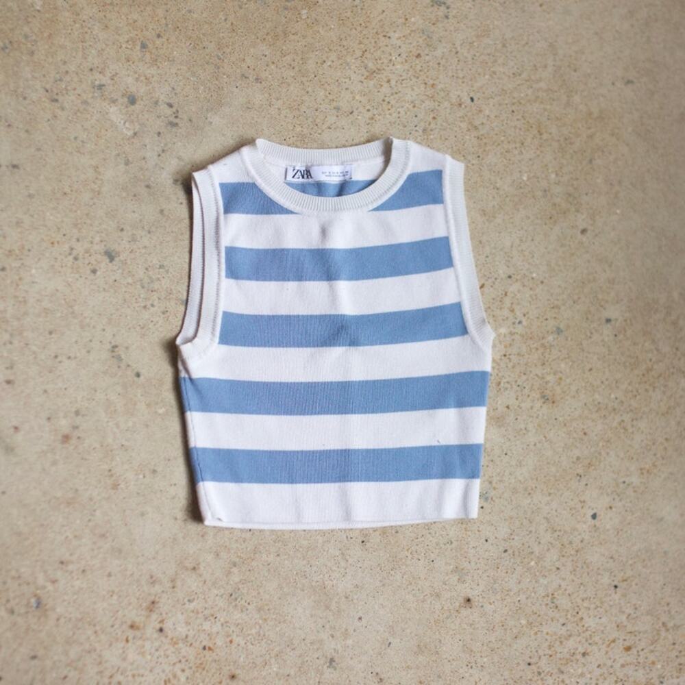 Blue & White Coastal Striped Knit Crop Top Size S Y2K Zara